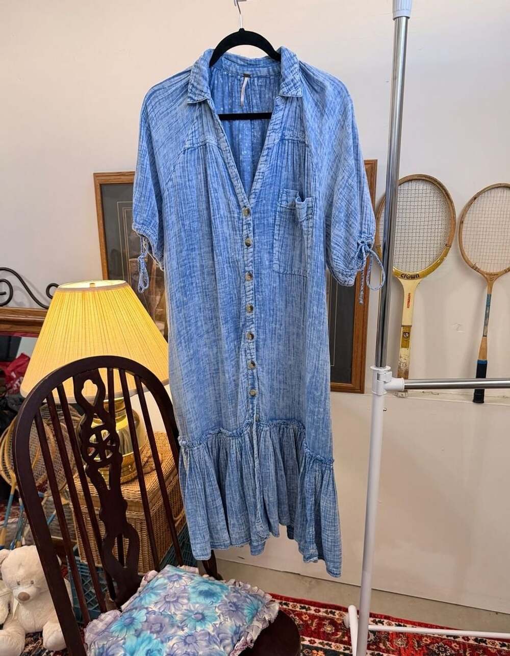 Free People Blue Chambray Ruffle Hem Button Down Cotton Dress Puff Sleeves